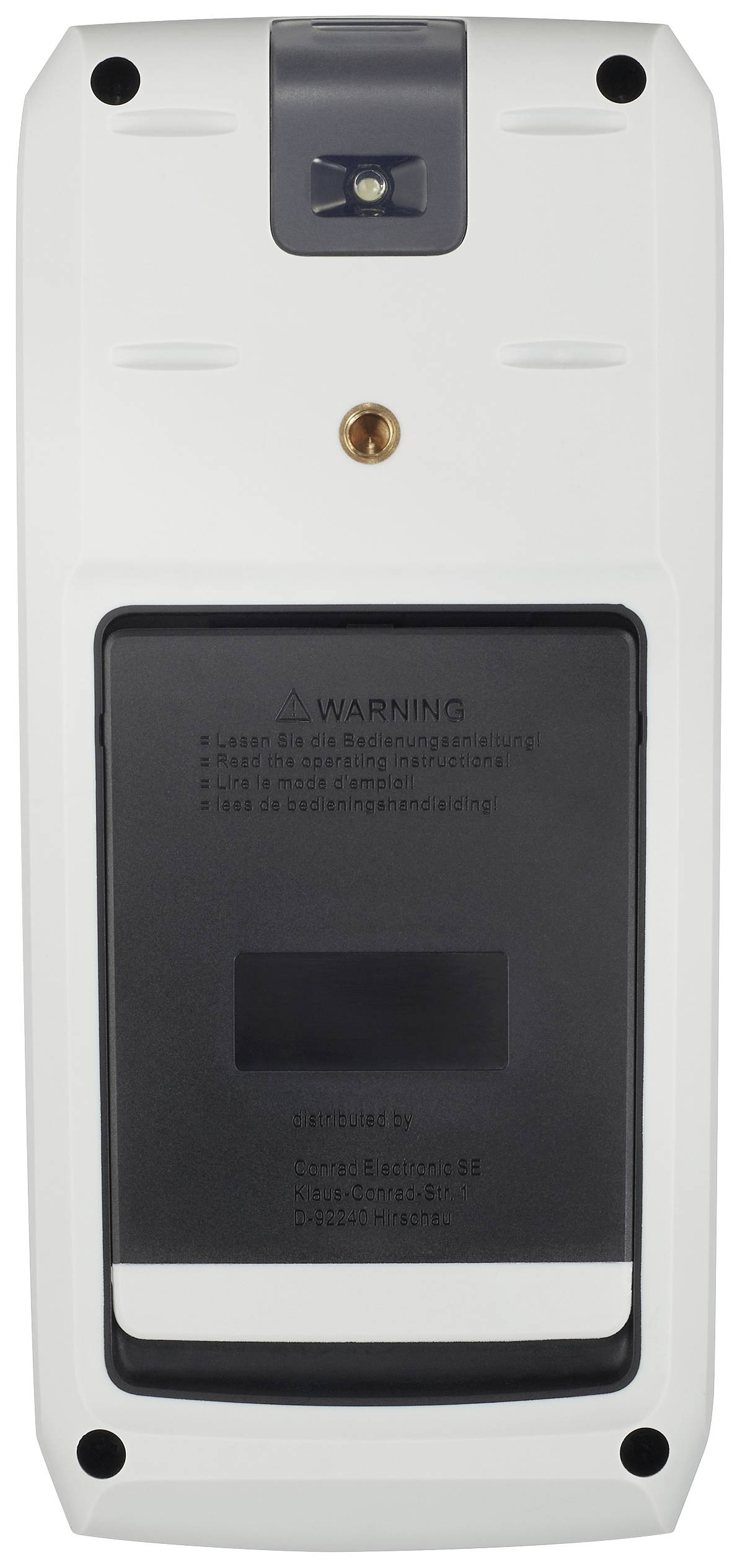 Das Bild zeigt die Rückseite eines elektronischen Geräts mit einer Kamera, einer Schraube und einer abnehmbaren Abdeckung mit Warnhinweisen.