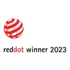 'Reddot winner 2023'-Logo mit rotem Kreis aus Bändern, darunter Text 'reddot winner 2023'. Indikator für preisgekröntes Design.