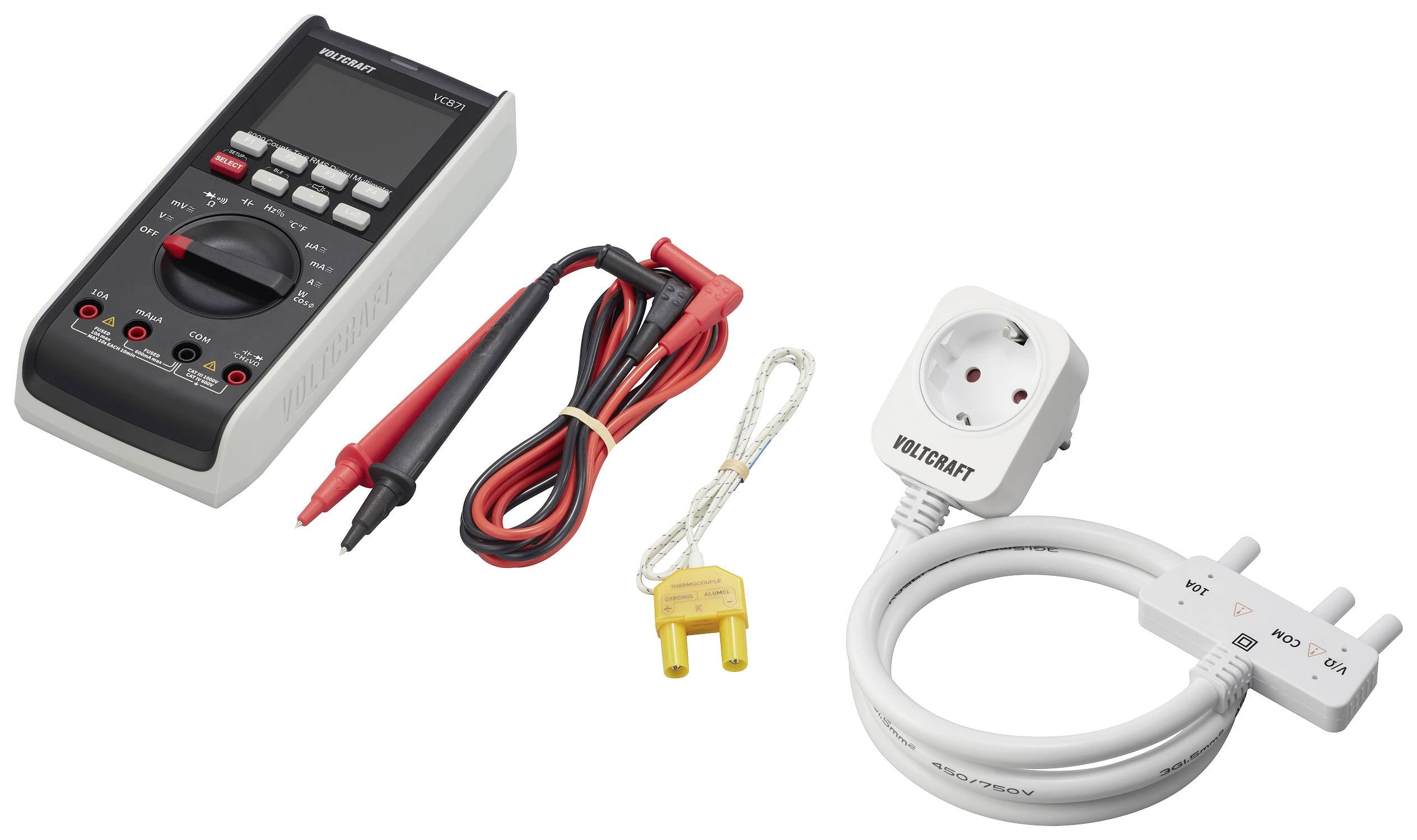 Ein digitales Multimeter mit roten und schwarzen Messleitungen, einem K-Typ-Thermometer und einem Adapter.