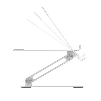 Laptop-Ständer mit verstellbarem Aluminium-Arm, zeigt vier mögliche Positionen zur Erhöhung des Arbeitskomforts.