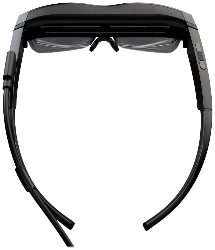 Eine schwarze Virtual-Reality-Brille mit transparenten Linsen und verstellbarem Gestell, geeignet für immersive Erlebnisse.