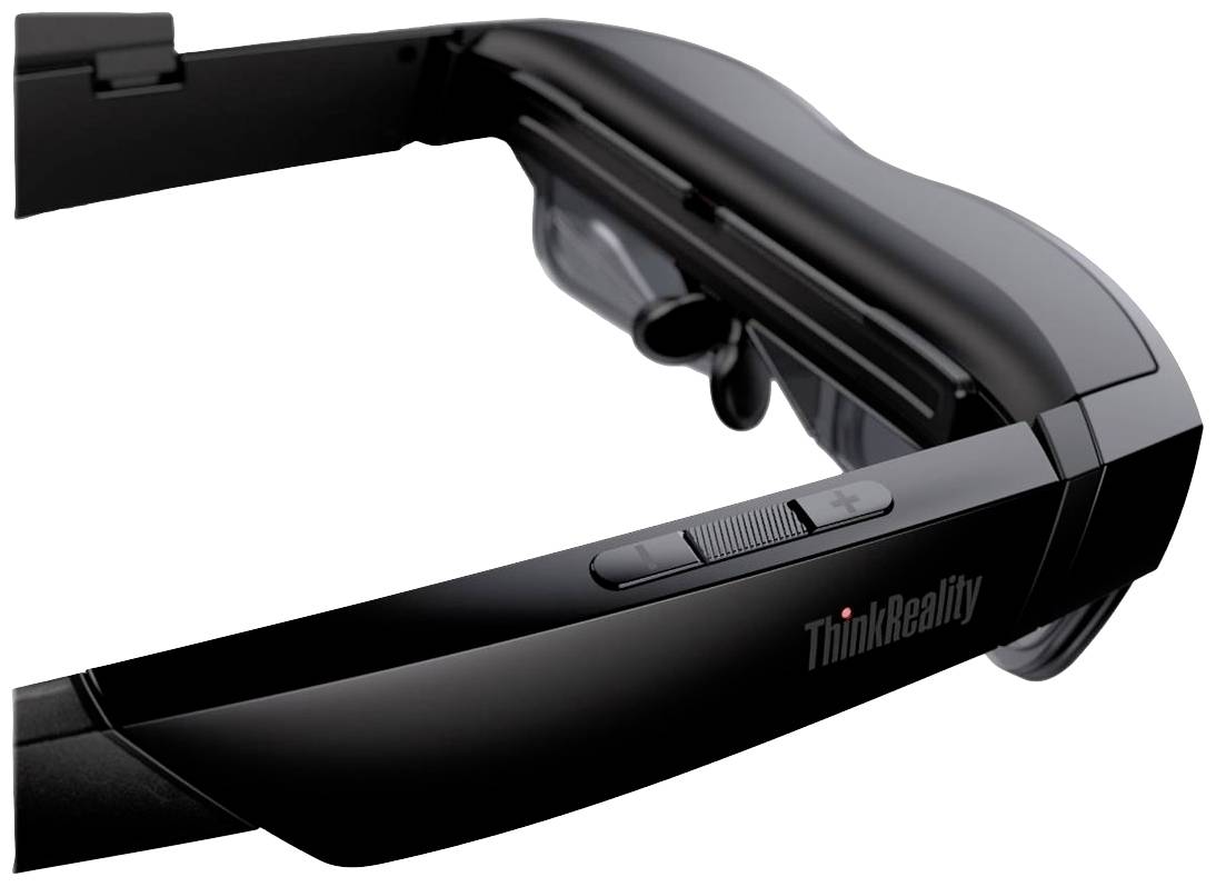 Schwarze VR-Brille mit Aufschrift 'ThinkReality', seitliche Ansicht mit sichtbaren Bedienelementen, symbolisiert technologische Innovation.