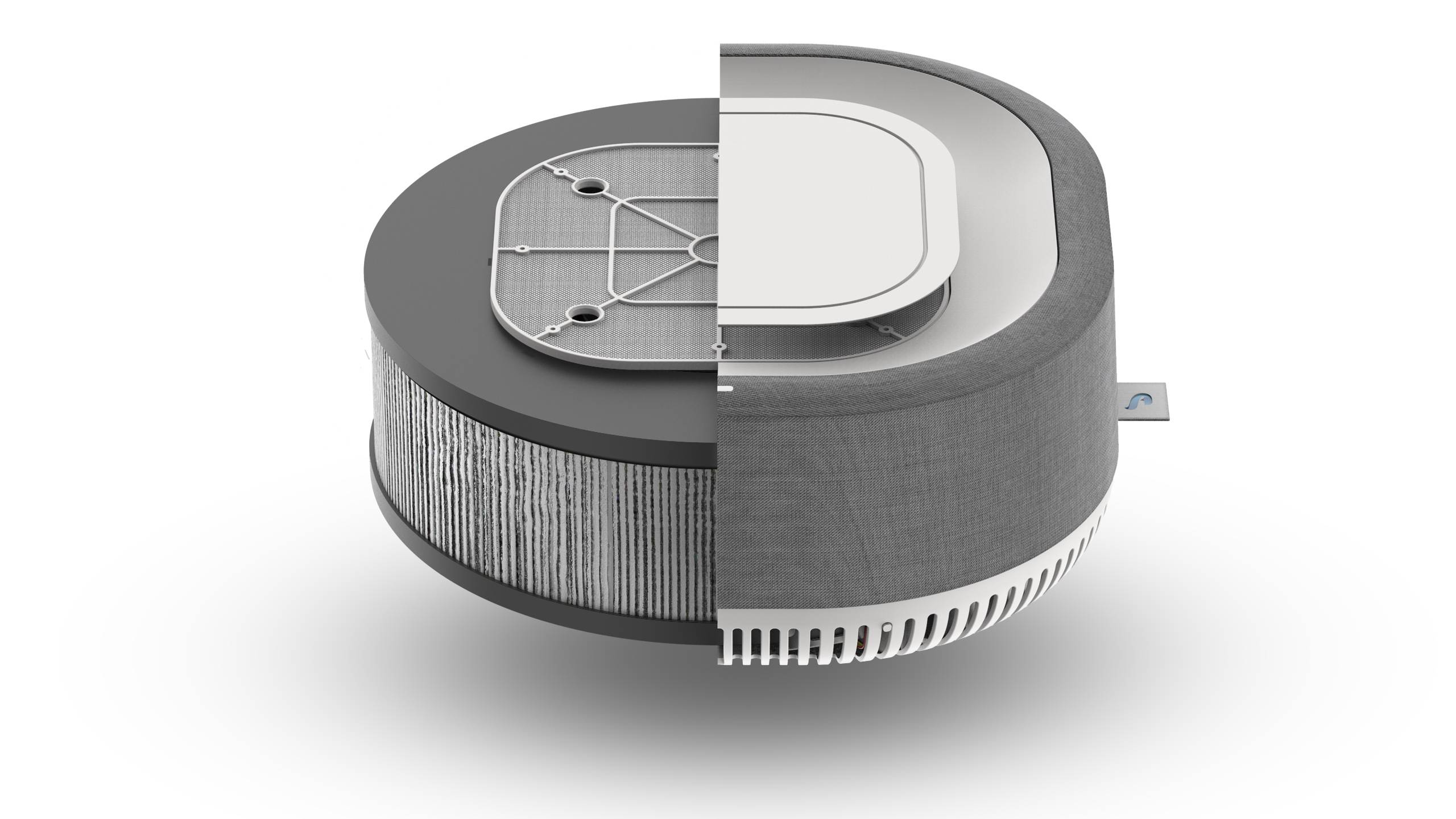 Luftreiniger in halbiertem Schnitt, der das Innere mit Filter und Lüfter zeigt. Die Außenhülle ist grau und modern gestaltet.