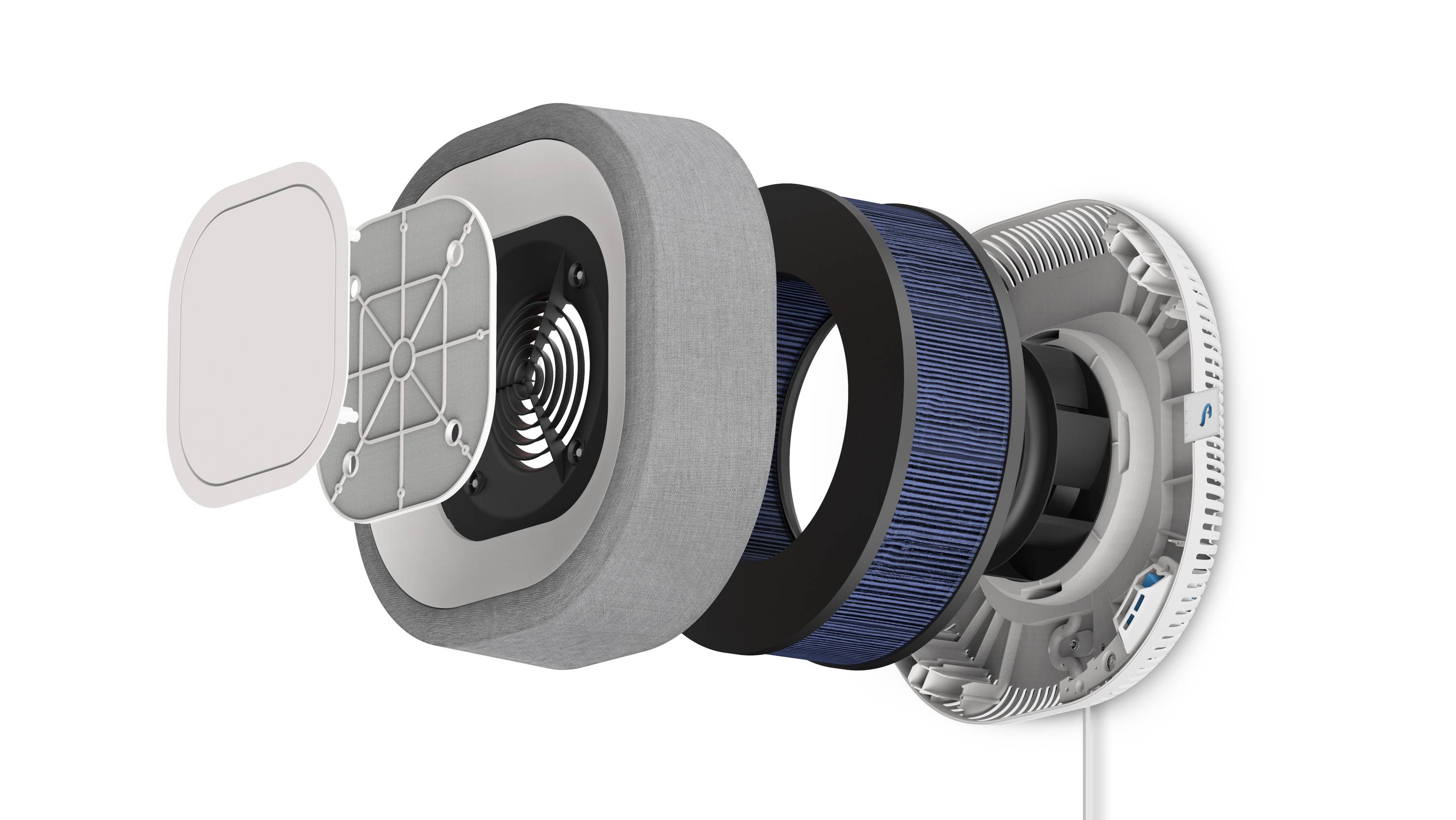 Explosionsdarstellung eines Luftfilters zeigt mehrere Schichten, darunter Stoffüberzug, Ventilator, Filtereinheit und Gehäuse.