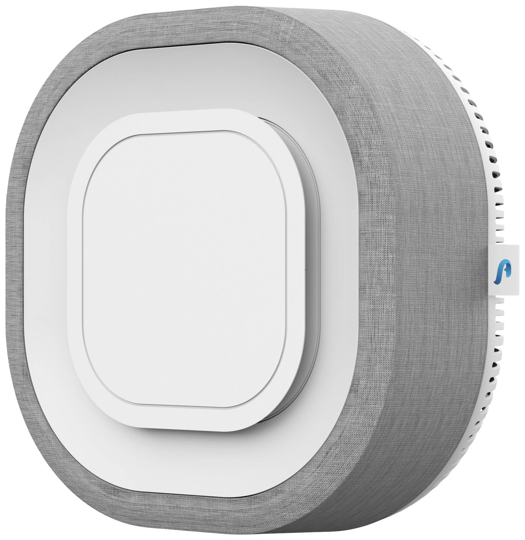 Ein grauer, runder Luftreiniger mit modernem Design und zentralem weißen Bedienfeld. Geeignet für Innenräume zur Luftreinigung.