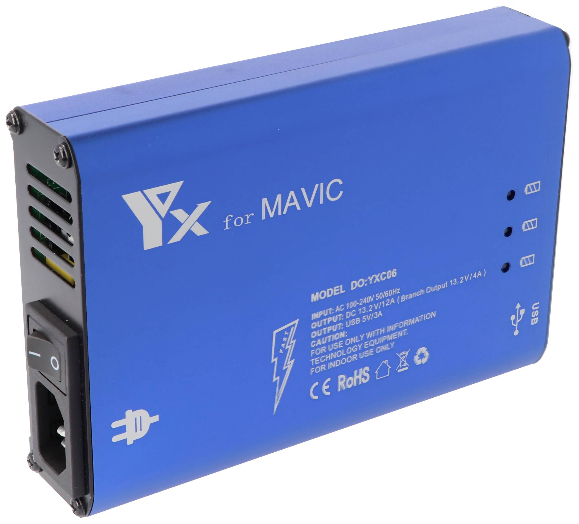 Blaues Ladegerät mit Aufschrift 'for MAVIC'. Enthält Anschlüsse für Strom- und USB-Verbindungen. Indikatorleuchten zeigen Ladezustand an.