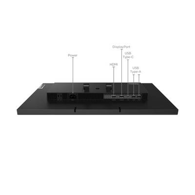 Rückansicht eines schwarzen Monitors mit Anschlüssen: DisplayPort, HDMI, USB Type-C, USB Type-A, Power.