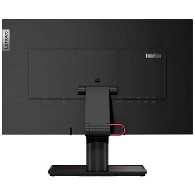 Rückansicht eines schwarzen Monitors mit verstellbarem Standfuß. Anschlüsse und Markenlogos sind sichtbar.