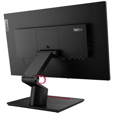 Ein schwarzer Lenovo ThinkVision Monitor von hinten, zeigt den verstellbaren Ständer und mehrere Anschlüsse auf der Rückseite.