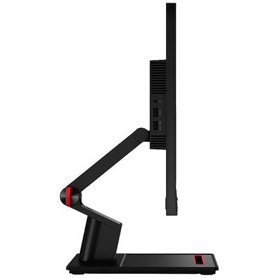 Seitenansicht eines schlanken, schwarzen Computermonitors auf einem beweglichen Arm. Der Monitor ist in einer vertikalen Position.