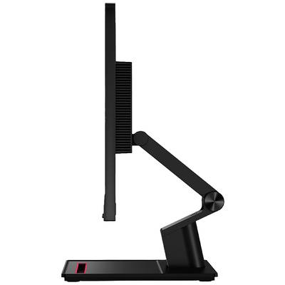 Seitenansicht eines schwarzen Monitors mit verstellbarem Arm, zeigt die schlanke Bauweise und flexible Positionierungsmöglichkeiten.