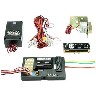 Verschiedene elektronische Komponenten und Kabel, darunter ein Steuerkasten, ein Lautstärkeregler und ein Elektroschloss, vor weißem Hintergrund.