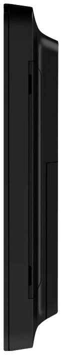 Seitenansicht eines schwarzen, flachen elektronischen Geräts, wahrscheinlich ein Monitor oder Bildschirm, mit schlankem, modernem Design.