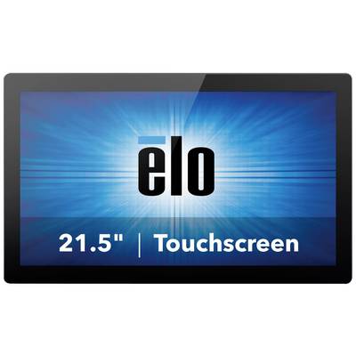 '21,5 Zoll Touchscreen-Monitor mit blauem Hintergrund und großem „elo“-Logo in der Mitte.'