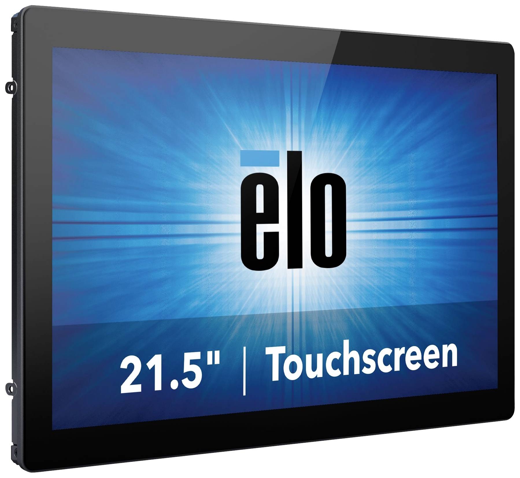 'elo 21,5" Touchscreen'; schwarzer Rahmen; blauer Hintergrund mit Strahlenmuster.