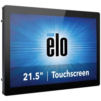 'elo 21,5" Touchscreen'; schwarzer Rahmen; blauer Hintergrund mit Strahlenmuster.