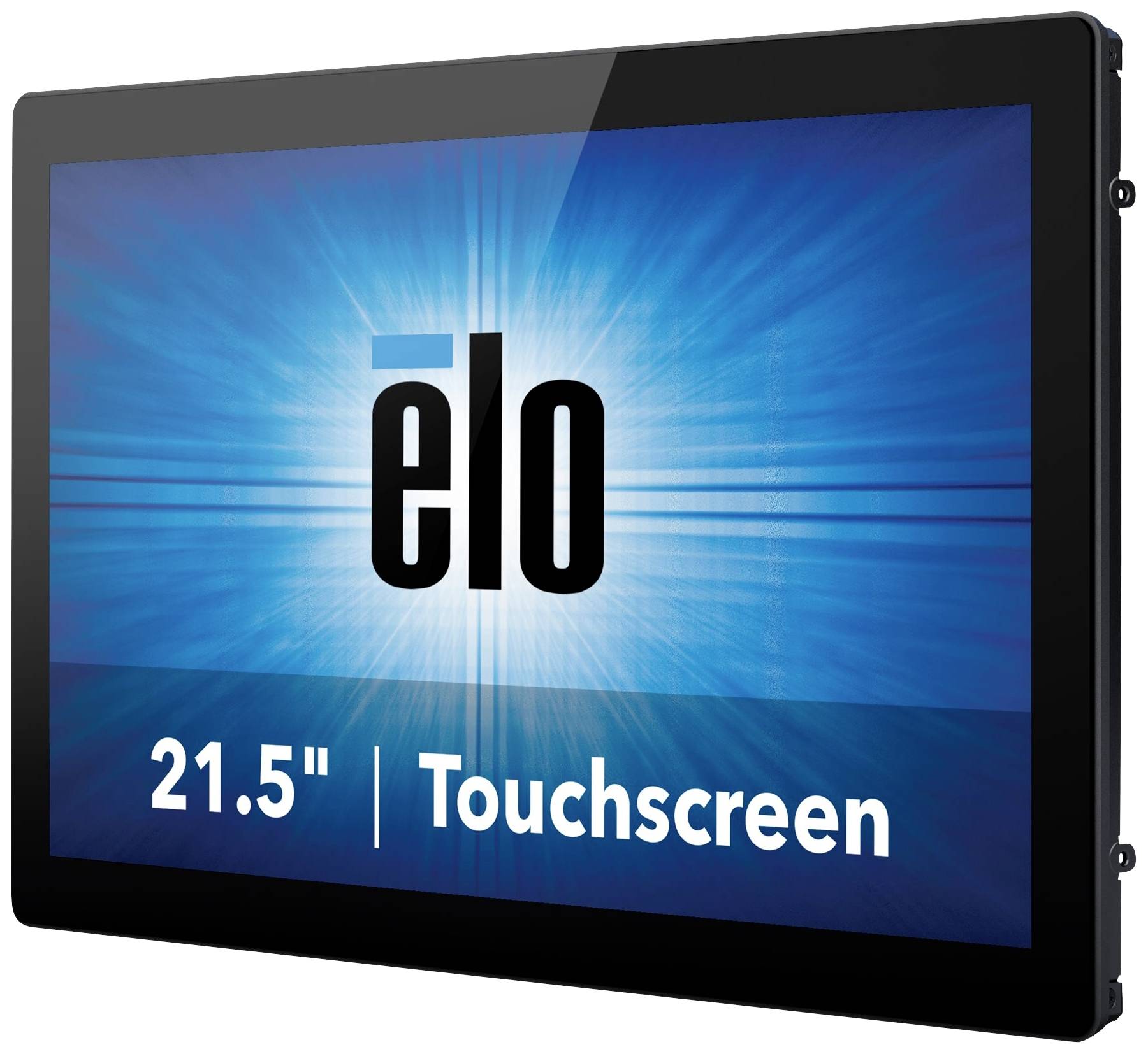 Ein 21,5-Zoll-Touchscreen-Monitor von Elo mit blauem Hintergrund und weißem Lichtstrahl hinter dem Elo-Logo.