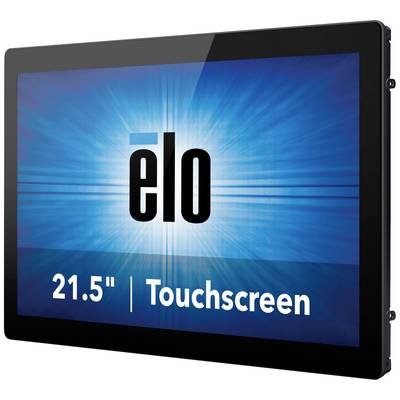 Ein 21,5-Zoll-Touchscreen-Monitor von Elo mit blauem Hintergrund und weißem Lichtstrahl hinter dem Elo-Logo.