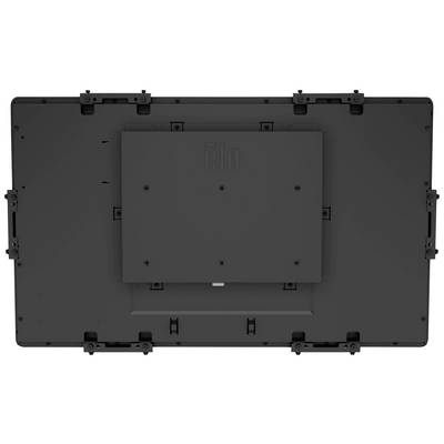 Rückseite eines schwarzen Monitors mit zentraler Montageplatte, mehreren Schraubverbindungen und Halterungen.