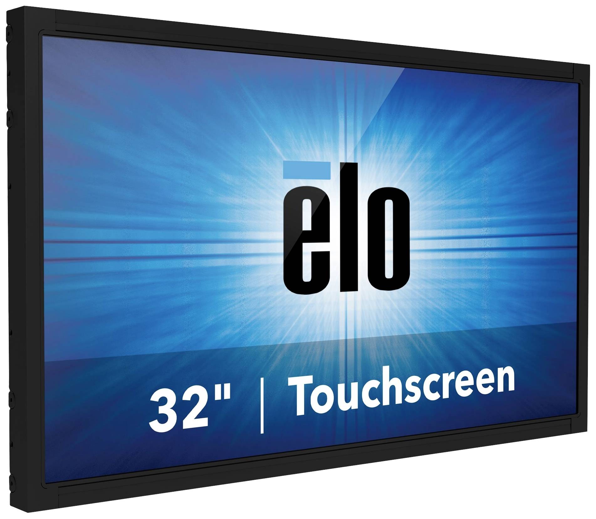 Der Bildschirm zeigt das Elo-Logo vor einem blauen Strahlenhintergrund. Darunter steht '32" | Touchscreen'.