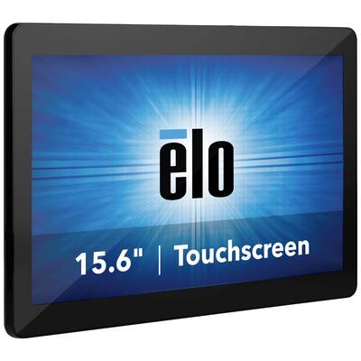 Ein schwarzer Bildschirm zeigt das 'elo'-Logo auf blauem Hintergrund, darunter die Aufschrift '15.6" | Touchscreen'.