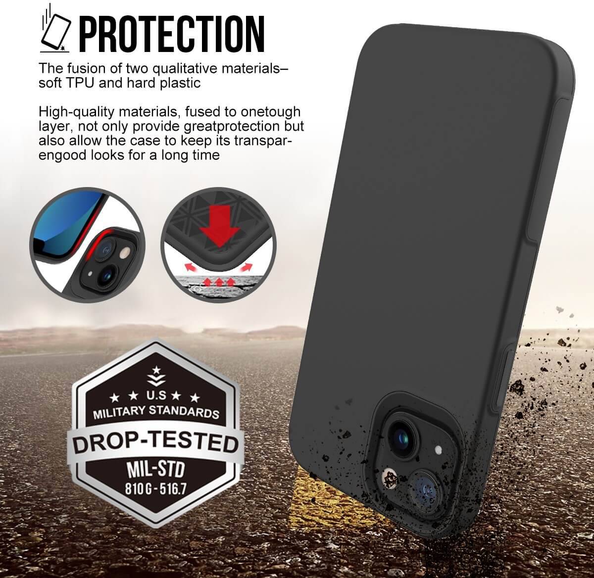 'Smartphone-Hülle auf steinigem Boden, mit Betonung auf Schutzmaterialien und Militärstandards. Drop-Test bestanden, robustes Design.'