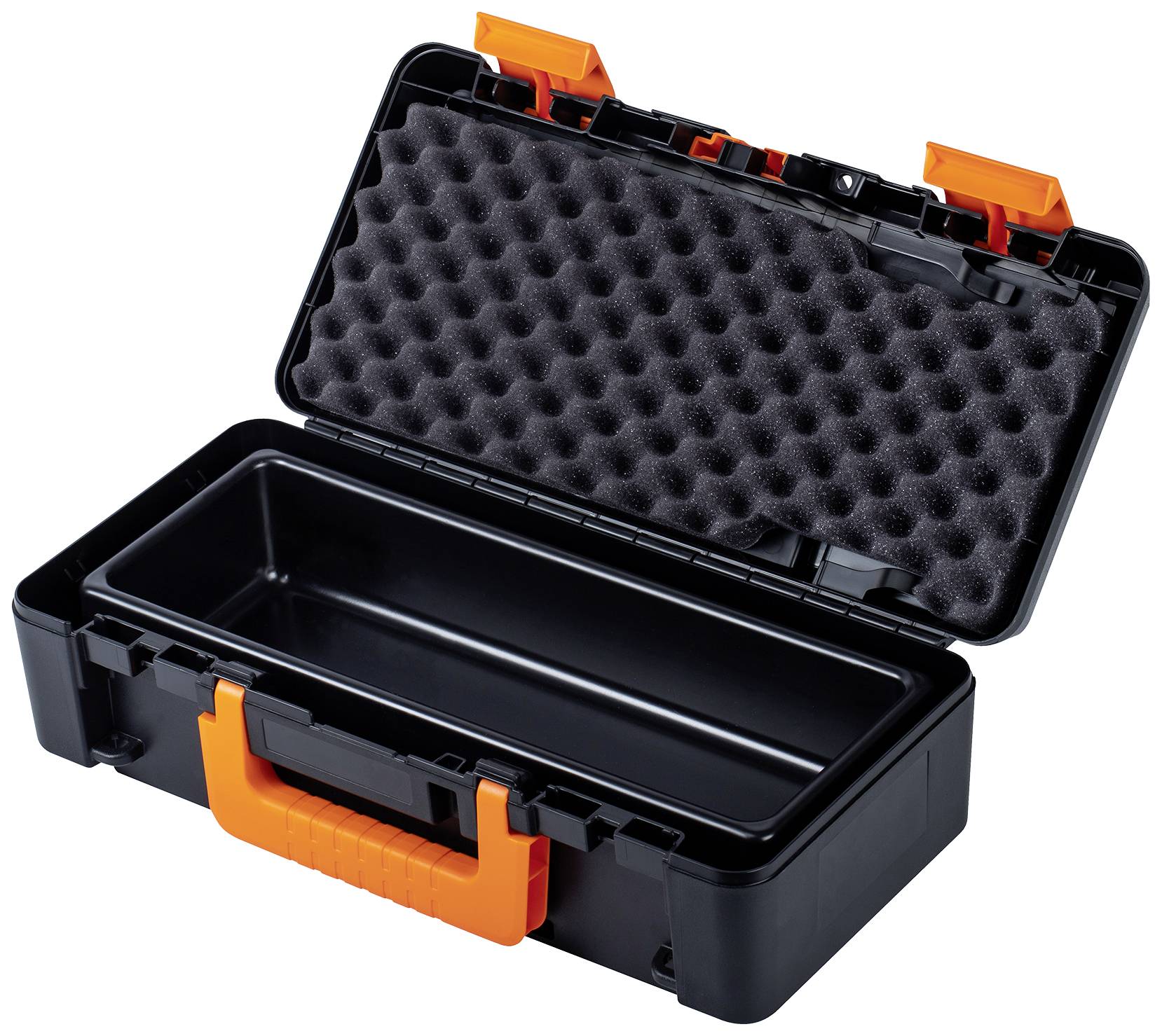 Offener schwarzer Werkzeugkasten mit orangem Griff und Schaumstoffeinlage, geeignet für die sichere Aufbewahrung von Werkzeugen.