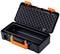 Offener schwarzer Werkzeugkasten mit orangem Griff und Schaumstoffeinlage, geeignet für die sichere Aufbewahrung von Werkzeugen.