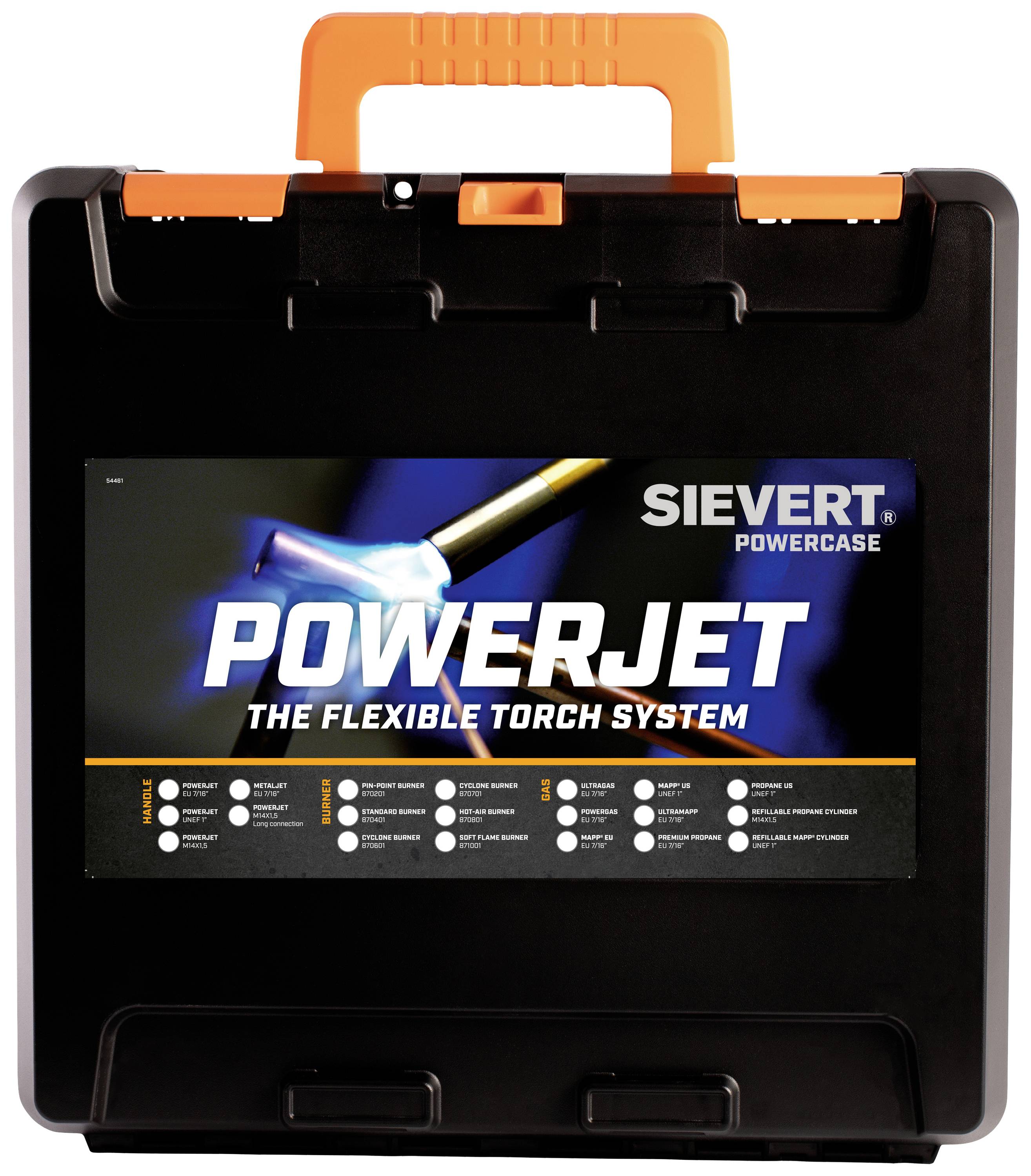 Schwarzer Koffer mit orangenem Griff; Etikett: 'Sievert Powerjet - The Flexible Torch System'; Bild von Lötbrenner Flamme.