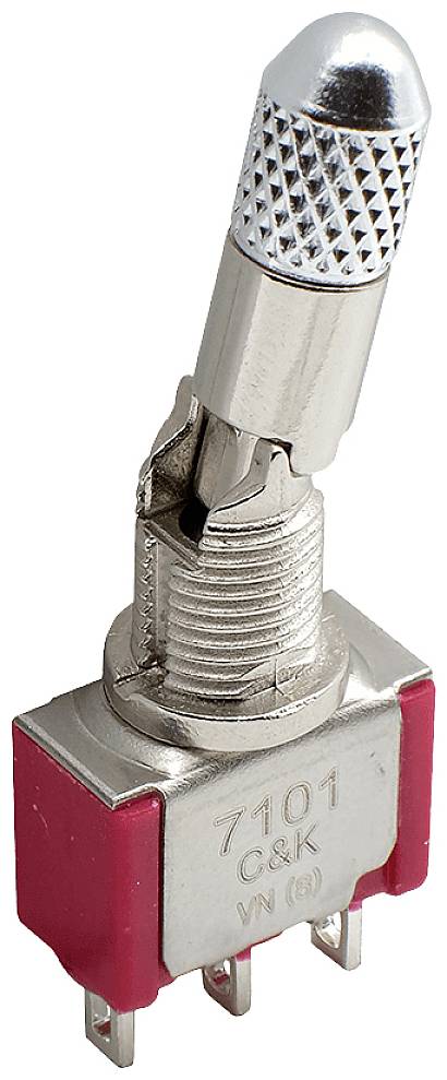 Ein Metall-Kippschalter mit rotem Gehäuse und drei Anschlüssen. Der Griff des Schalters ist zylindrisch und geriffelt.