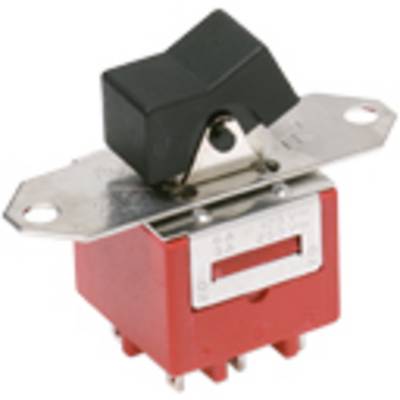 Ein roter Kippschalter mit schwarzem Hebel und Metallbasis, geeignet für elektronische Geräte oder Schaltkreise.