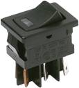 Schwarzer Kippschalter mit rechteckiger Form, geeignet für elektrische Geräte. Mehrere Metallkontakte sind an der Unterseite sichtbar.