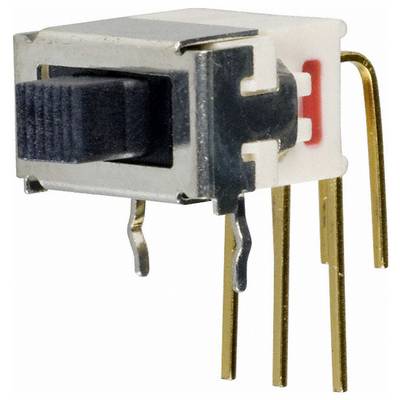 Ein Nahaufnahmebild eines Kippschalters mit einem schwarzen Hebel und mehreren vergoldeten Stiften für elektronische Verbindungen.