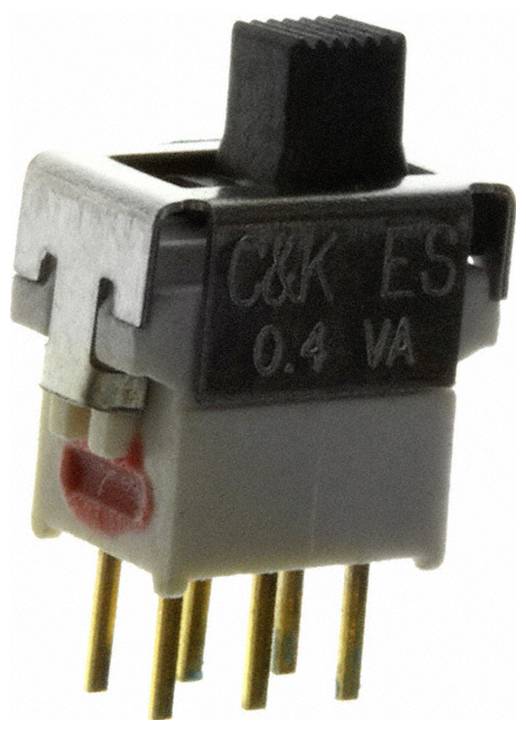 Taktiler Druckschalter mit sechs Anschlüssen, mit schwarzem Betätigungsknopf oben, gekennzeichnet mit C&K ES 0,4 VA, verwendet für elektronische Schaltungen.