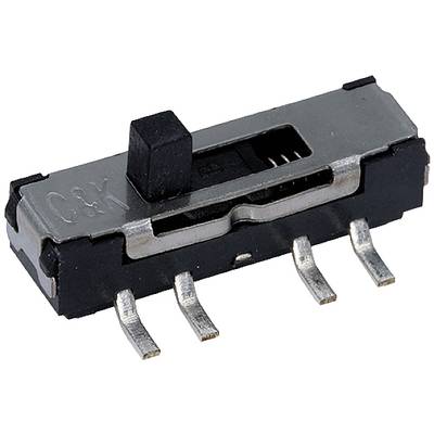 Ein kleiner Schiebeschalter mit vier Anschlussstiften und einem schwarzen Schiebeelement, verwendet zur Steuerung elektronischer Schaltungen.