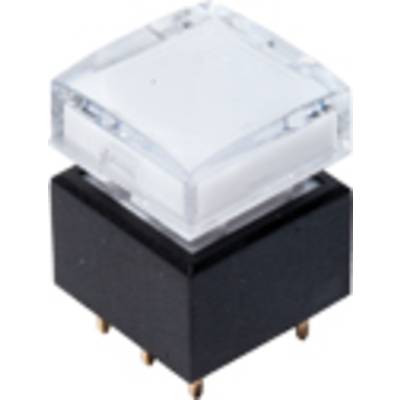 Ein transparenter, quadratischer Kunststoffknopf mit schwarzer Basis und goldfarbenen Anschlüssen, vermutlich für elektronische Schaltungen.