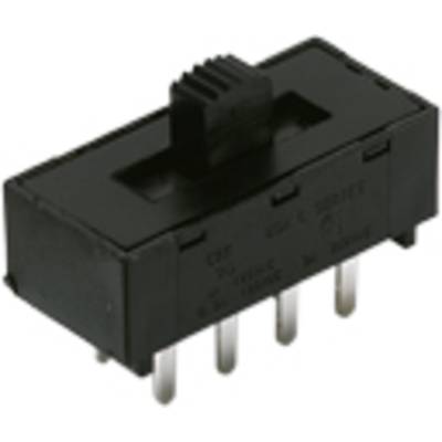 Ein schwarzer Schiebeschalter mit sechs Metallpins an der Unterseite, dient zur Steuerung elektrischer Stromkreise durch Schieben des Reglers.