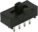 Ein schwarzer Schiebeschalter mit sechs Metallpins, geeignet für elektronische Schaltungen und Geräte.