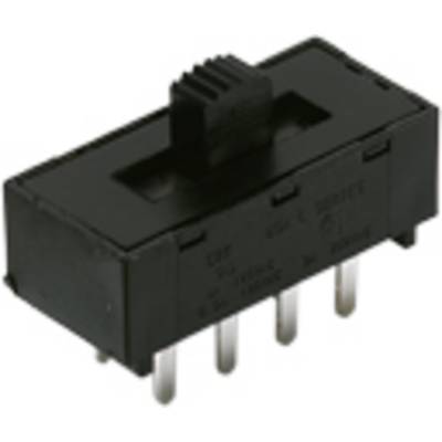 Ein schwarzer Schiebeschalter mit sechs Metallpins, geeignet für elektronische Schaltungen und Geräte.