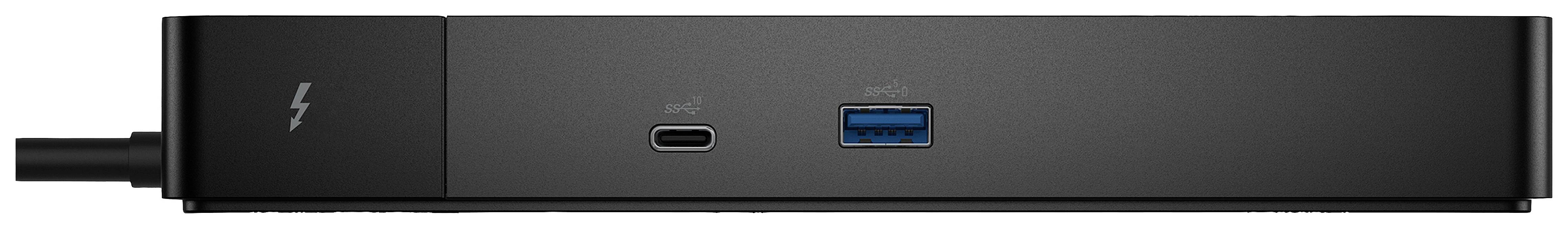 Eine schwarze Dockingstation mit Thunderbolt-Logo links, einem USB-C-Anschluss und einem USB-A-Anschluss mit blauem Inneren auf der Vorderseite.