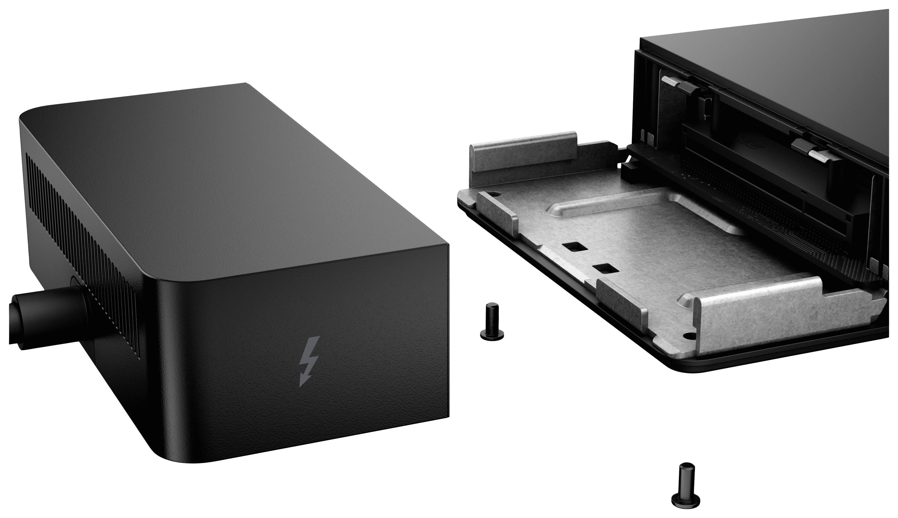 Schwarzes elektronisches Gerät mit Blitzsymbol auf der Vorderseite, das in zwei Teile zerlegt ist. Schrauben sind daneben zu sehen.