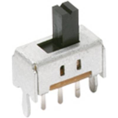 Ein schwarzer Kippschalter in einer silbernen Fassung mit mehreren Metallstiften unten, oft verwendet in elektronischen Geräten.