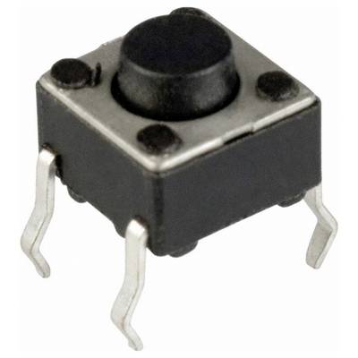 Ein taktuler Druckschalter mit quadratischem schwarzem Gehäuse und vier Metallbeinen, verwendet für elektronische Schaltungen und Schnittstellen.