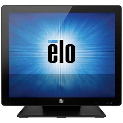 Ein schwarzer Elo-Touchscreen-Monitor mit leuchtendem blauen Hintergrund und großem weißen 'elo'-Logo in der Mitte des Bildschirms.