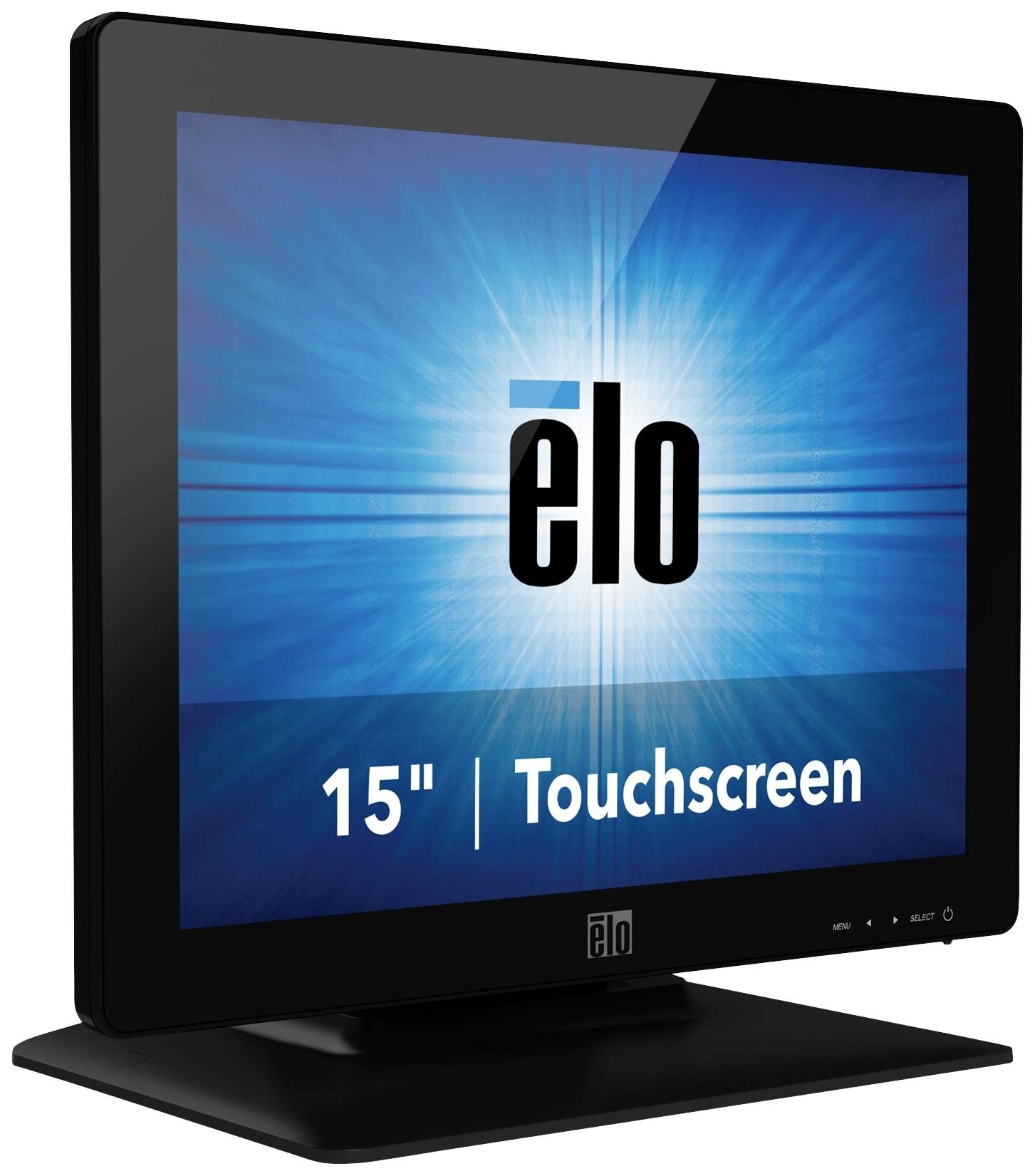 Ein schwarzer 15-Zoll-Touchscreen-Monitor mit einem blauen Hintergrund und dem Text 'elo' in der Mitte des Bildschirms.