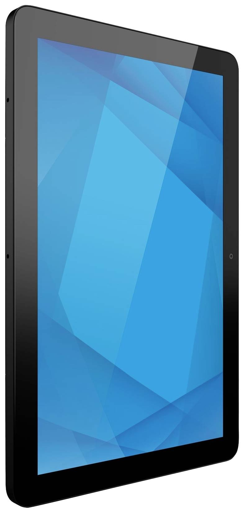 Schwarzes Tablet mit einem blauen Bildschirm, das schräg gezeigt wird. Der Bildschirm zeigt geometrische Formen in unterschiedlichen Blautönen.