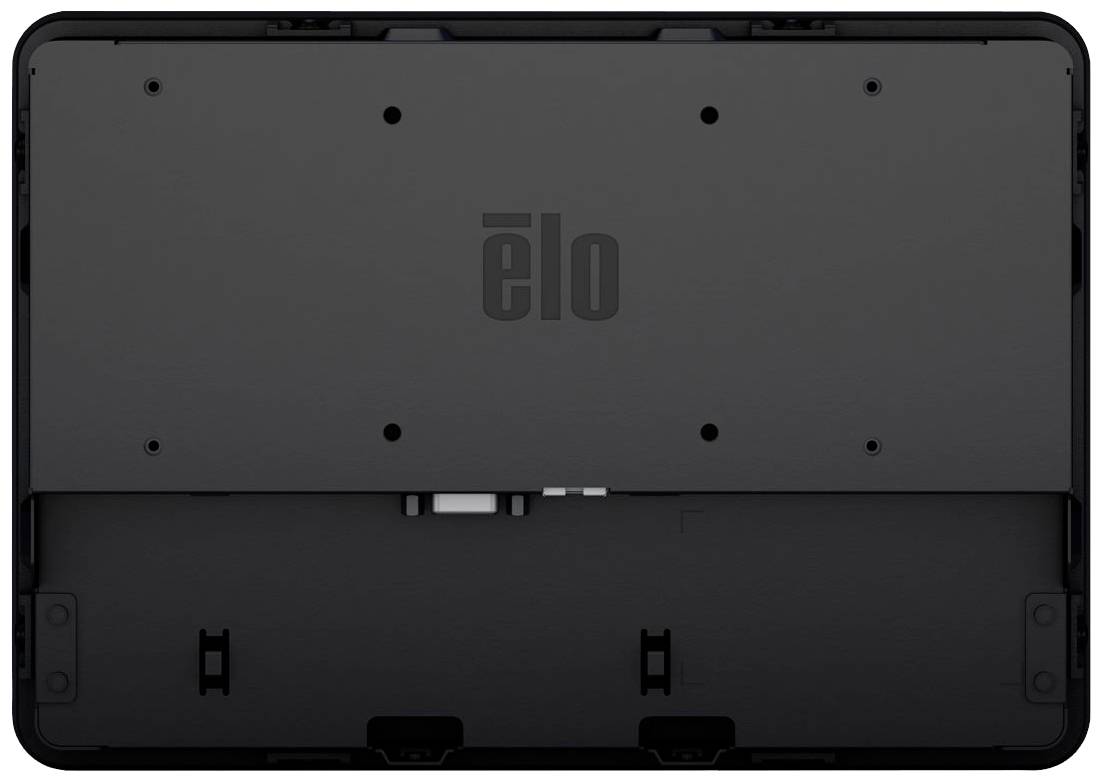 Rückseite eines elektronischen Geräts mit dem Logo 'Elo'. Es sind mehrere Befestigungspunkte sichtbar, anscheinend für Halterungen.