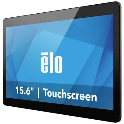Ein schwarzer Monitor mit blauem Bildschirm zeigt das Logo 'ēlo' und die Aufschrift '15.6" | Touchscreen'.