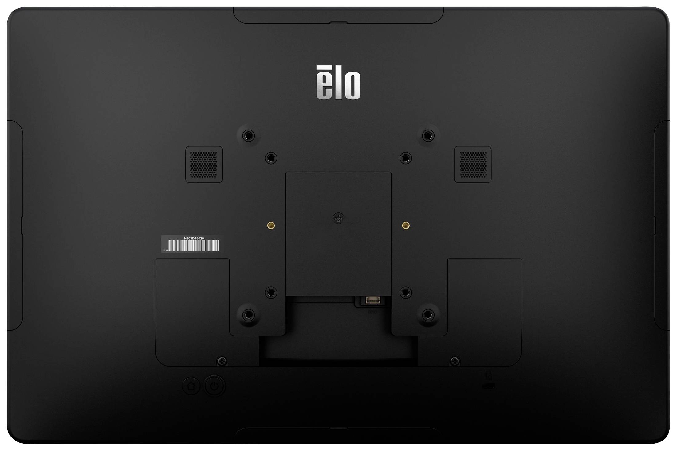 Rückseite eines schwarzen Monitors mit Wandmontagehalterungen und Kabelanschlüssen, Marke 'elo' oben.