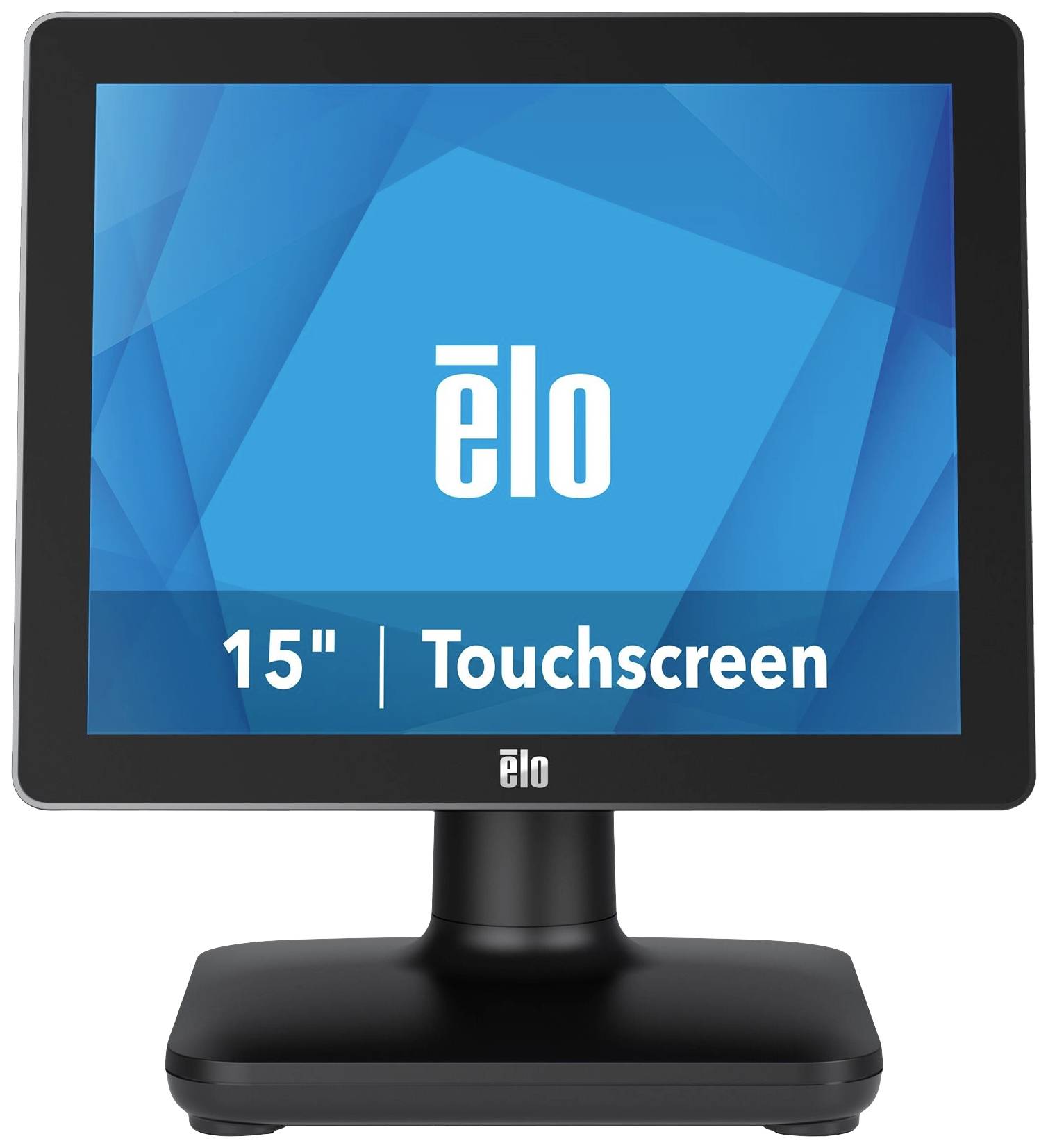 Ein 15-Zoll-Touchscreen-Monitor der Marke Elo auf einem schwarzen Ständer, blaues Display mit dem weißen Logo und der Aufschrift 'Touchscreen'.